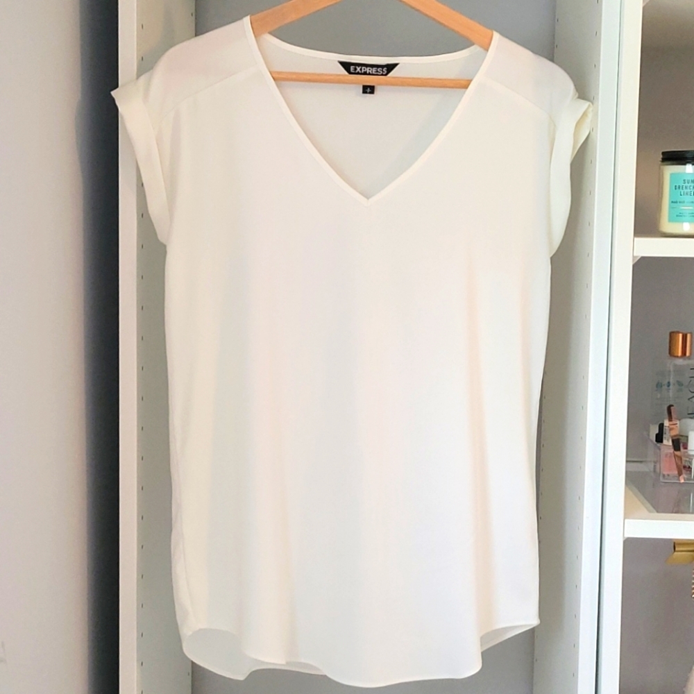 Express Small V neck satin like white shirt